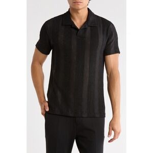 Denim & Flower Black Textured Stripe Short Sleeve Button Up Shirt Mens L NWT